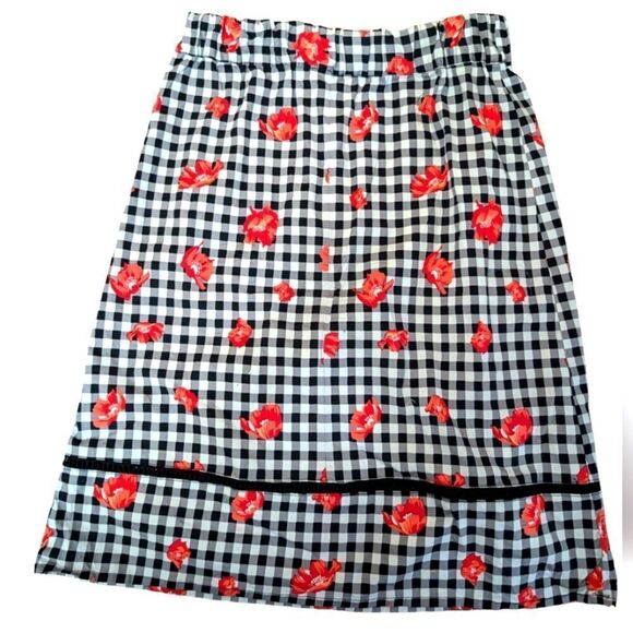 Gingham floral a line elastic band A-line midi cotton skirt size xs - Picture 1 of 5